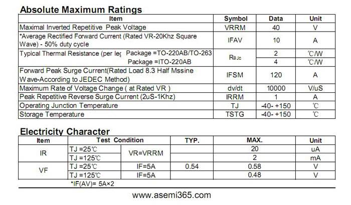 ASEMI肖特基二極管MBR1040FCT
