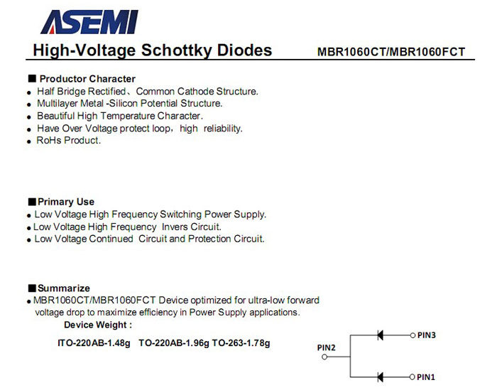 ASEMI品牌MBR1060CT參數