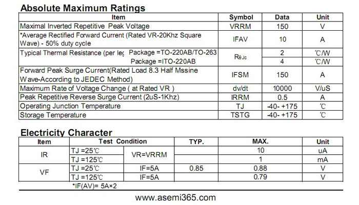 ASEMI品牌MBR10150CT參數