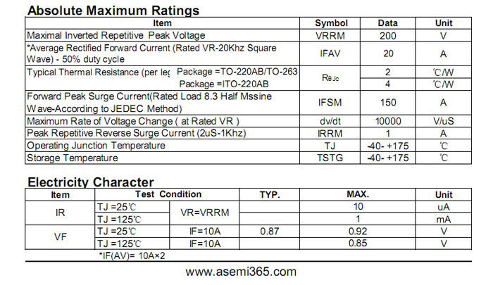 ASEMI品牌MBR20200CT參數
