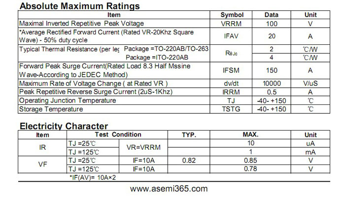 ASEMI肖特基二極管MBR20100FCT