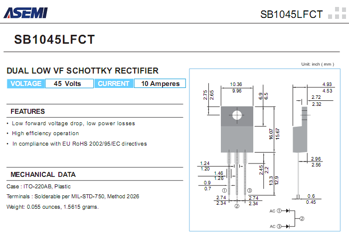 SB1045LFCT 低壓降肖特基參數(shù)書(shū)