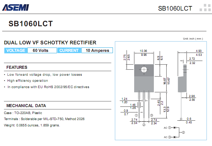 SB1060LCT 低壓降肖特基參數(shù)書(shū)