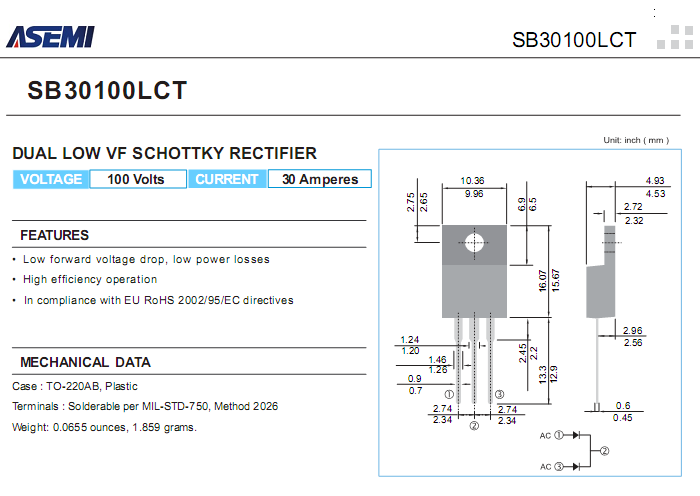 SB30100LCT 低壓降肖特基參數(shù)書(shū)
