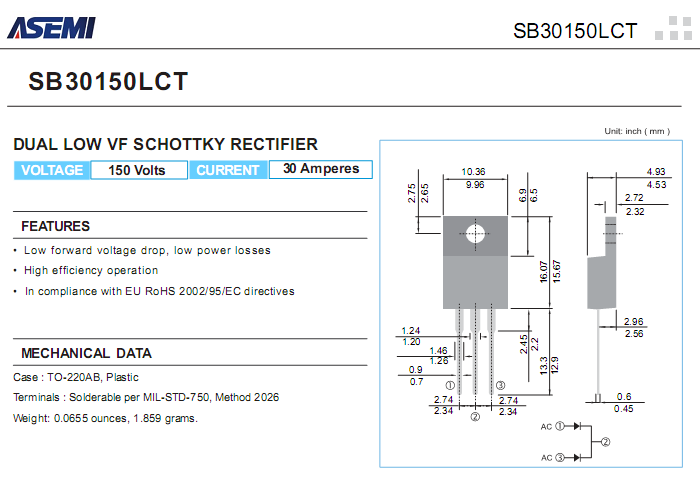 SB30150LCT 低壓降肖特基參數(shù)書(shū)