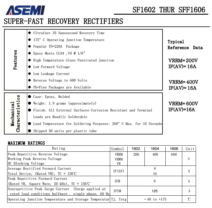 SF1602/1604/1606,SFF1602/1604/1606 ASEMI快恢復二極管規格書 資料