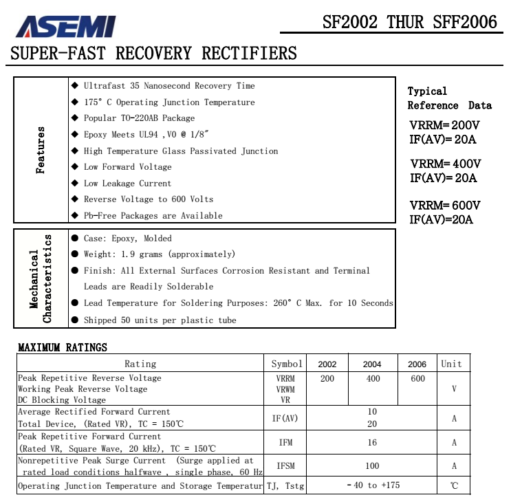 SF2002/2004/2006,SFF2002/2004/2006 ASEMI快恢復二極管規格書 PDF資料